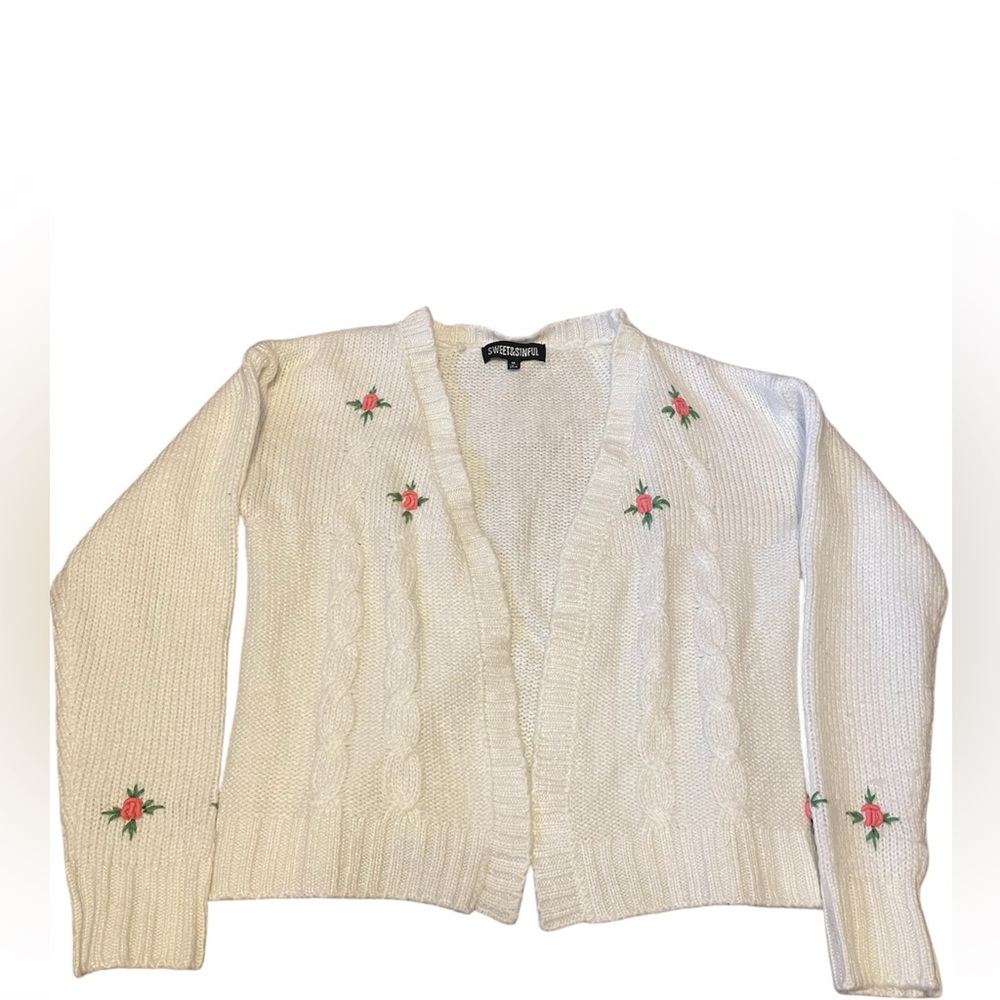 Sweet & Sinful White & Pink Embroidered Flower Coquette Cardigan Size Medium EUC